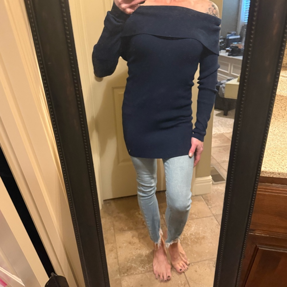 White House Black Market Off-Shoulder Navy Sweater